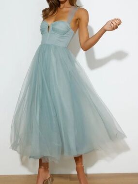 JardinVue Blue Chiffon Corset Lace-Up Midi Dress Large